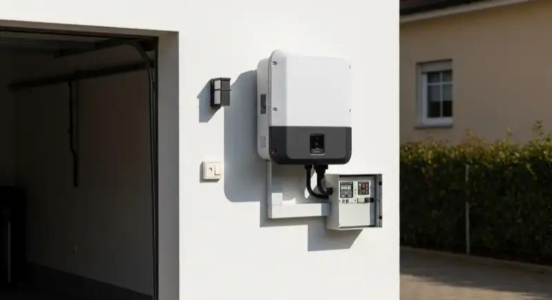 Modern solar inverter mounted on garage wall next to electrical panel, clean professional installation, natural daylight
