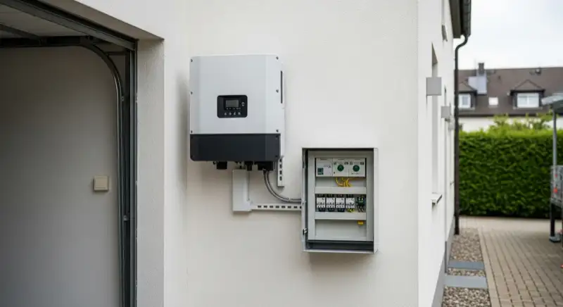 Modern solar inverter mounted on garage wall next to electrical panel, clean professional installation, natural daylight