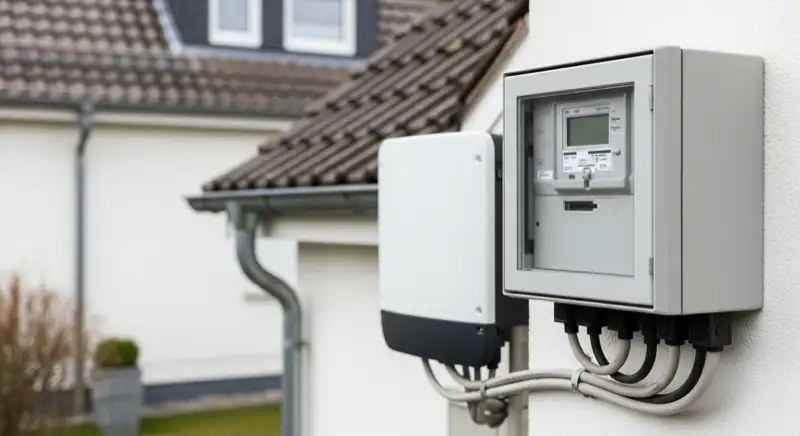 Modern German electrical meter cabinet (Zählerschrank) with smart meter and solar inverter connection, clean technical installation