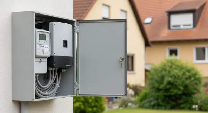 Modern German electrical meter cabinet (Zählerschrank) with smart meter and solar inverter connection, clean technical installation
