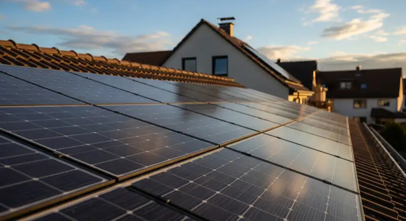Close-up of photovoltaic solar panels installed on a traditional German Satteldach (gabled roof), blue sky with some clouds