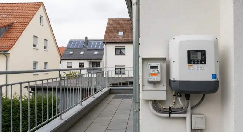 Modern German electrical meter cabinet (Zählerschrank) with smart meter and solar inverter connection, clean technical installation