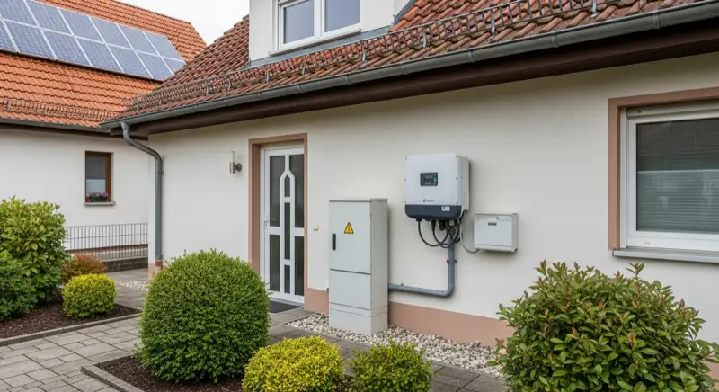 Modern German electrical meter cabinet (Zählerschrank) with smart meter and solar inverter connection, clean technical installation