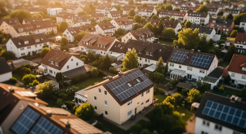 Aerial drone view of typical German residential neighborhood with mixed roof types, red and dark roof tiles, gardens visible, sunny day