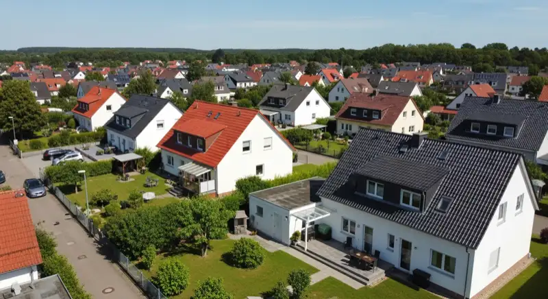 Aerial drone view of typical German residential neighborhood with mixed roof types, red and dark roof tiles, gardens visible, sunny day