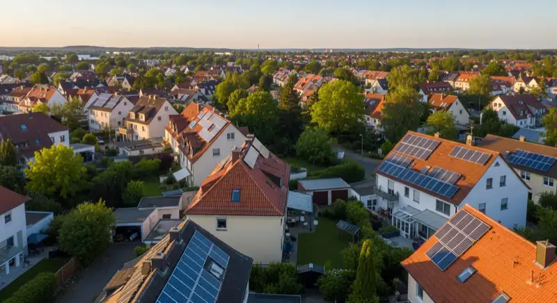 Aerial drone view of typical German residential neighborhood with mixed roof types, red and dark roof tiles, gardens visible, sunny day