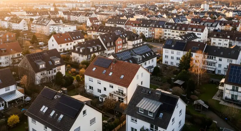 Aerial drone view of typical German residential neighborhood with mixed roof types, red and dark roof tiles, gardens visible, sunny day
