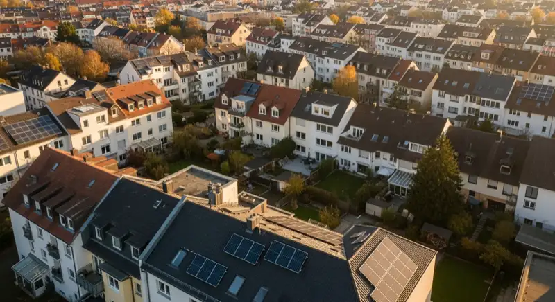 Aerial drone view of typical German residential neighborhood with mixed roof types, red and dark roof tiles, gardens visible, sunny day