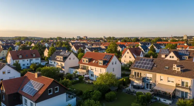 Aerial drone view of typical German residential neighborhood with mixed roof types, red and dark roof tiles, gardens visible, sunny day