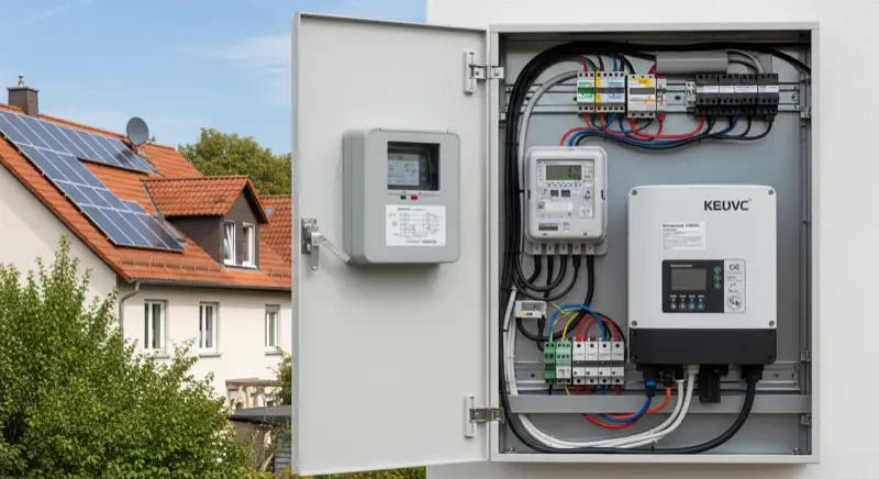 Modern German electrical meter cabinet (Zählerschrank) with smart meter and solar inverter connection, clean technical installation