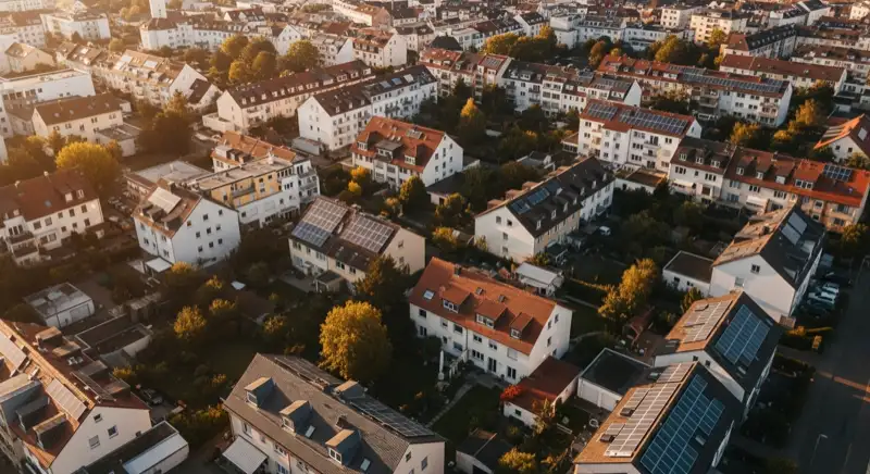Aerial drone view of typical German residential neighborhood with mixed roof types, red and dark roof tiles, gardens visible, sunny day