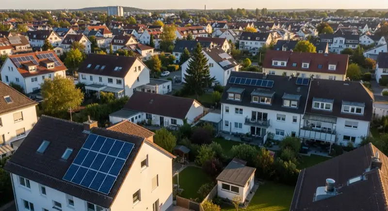 Aerial drone view of typical German residential neighborhood with mixed roof types, red and dark roof tiles, gardens visible, sunny day