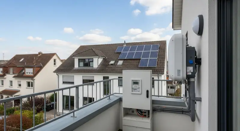 Modern German electrical meter cabinet (Zählerschrank) with smart meter and solar inverter connection, clean technical installation