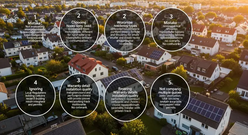 Aerial drone view of typical German residential neighborhood with mixed roof types, red and dark roof tiles, gardens visible, sunny day