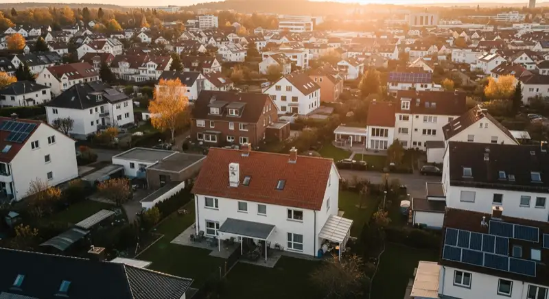 Aerial drone view of typical German residential neighborhood with mixed roof types, red and dark roof tiles, gardens visible, sunny day