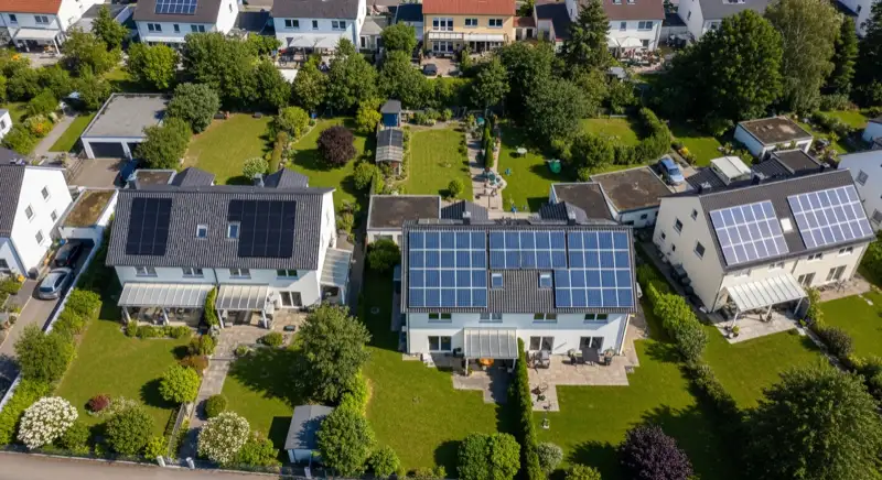 Luftaufnahme von Kassel-Wilhelmshöhe zeigt Einfamilienhäuser mit Solaranlagen auf den Dächern