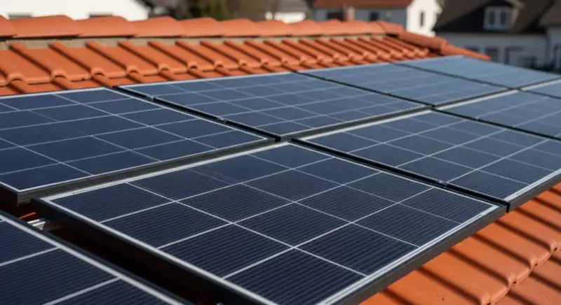 Hochwertige monokristalline PV-Module auf rotem Ziegeldach eines Kasseler Einfamilienhauses bei Sonnenschein