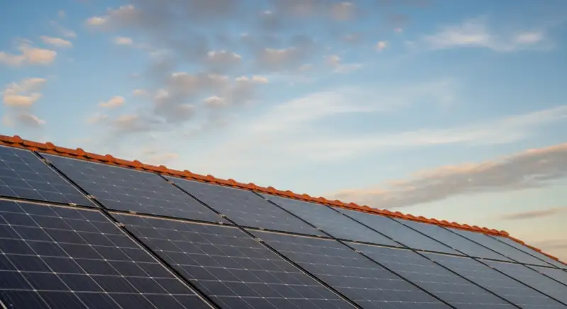 Close-up of photovoltaic solar panels installed on a traditional German Satteldach (gabled roof), blue sky with some clouds