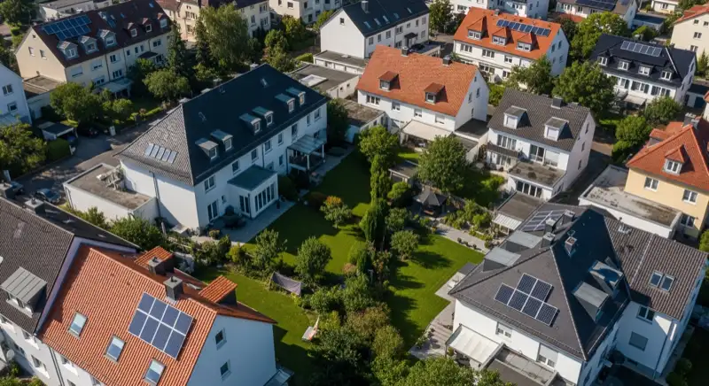 Aerial drone view of typical German residential neighborhood with mixed roof types, red and dark roof tiles, gardens visible, sunny day