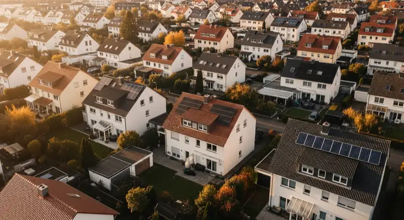 Aerial drone view of typical German residential neighborhood with mixed roof types, red and dark roof tiles, gardens visible, sunny day