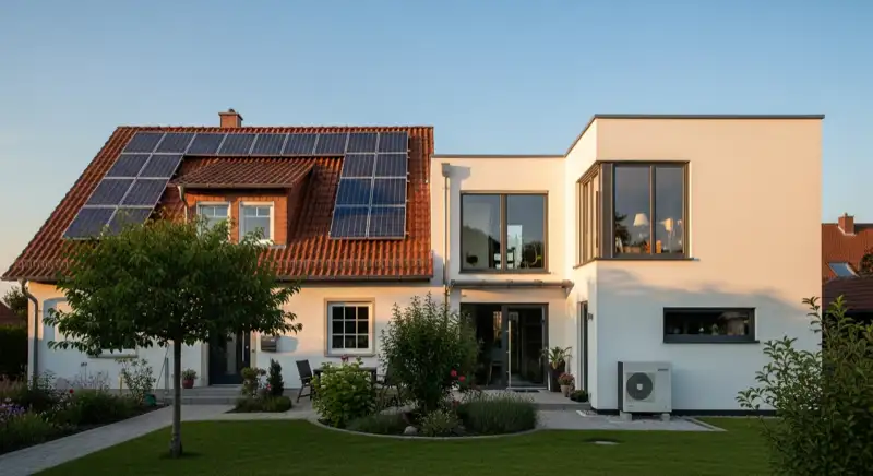 German detached house (Einfamilienhaus) with photovoltaic panels on pitched roof, well-maintained garden, warm afternoon sunlight