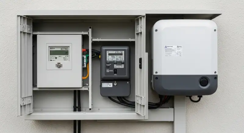 Modern German electrical meter cabinet (Zählerschrank) with smart meter and solar inverter connection, clean technical installation