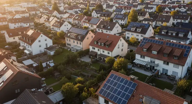 Aerial drone view of typical German residential neighborhood with mixed roof types, red and dark roof tiles, gardens visible, sunny day