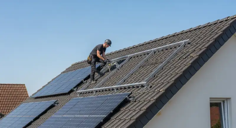 Installateur prüft Dachstatik auf Kaufbeurener Einfamilienhaus für Solaranlage