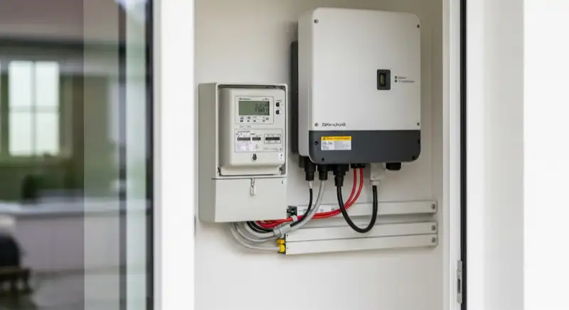 Modern German electrical meter cabinet (Zählerschrank) with smart meter and solar inverter connection, clean technical installation