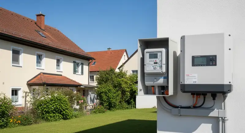 Modern German electrical meter cabinet (Zählerschrank) with smart meter and solar inverter connection, clean technical installation
