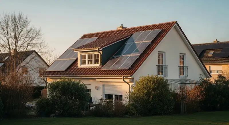 Einfamilienhaus in Bad Honnef mit Photovoltaikmodulen auf dem Satteldach und gepflegtem Garten