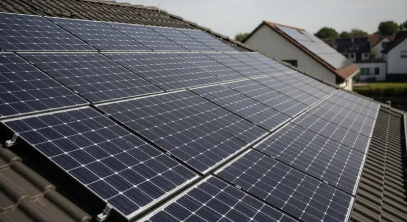 Nahaufnahme sauber montierter Photovoltaikmodule auf einem deutschen Satteldach