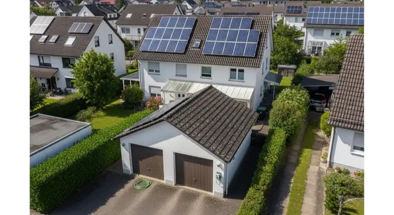 Garage eines Wohnhauses in Bad Honnef mit Wallbox und Photovoltaikdach im Hintergrund