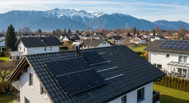 Solarinstallateur montiert Module auf Einfamilienhaus-Dach in Kempten mit Alpen-Panorama im Hintergrund