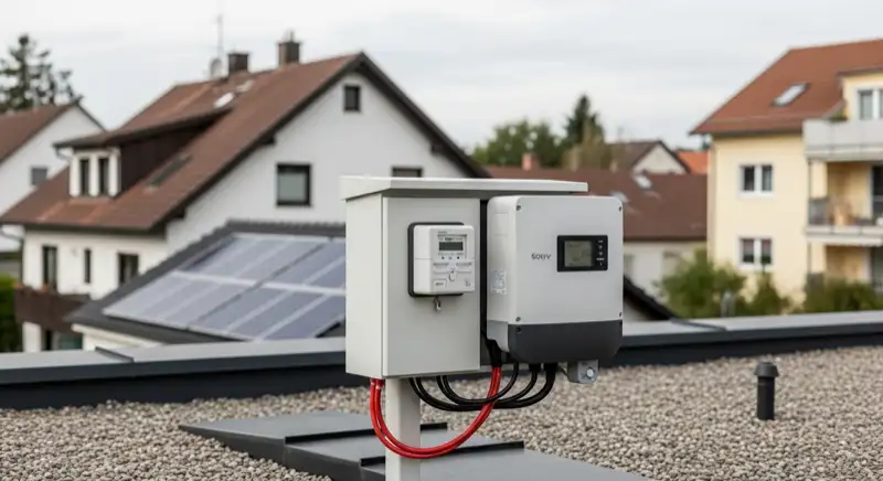 Modern German electrical meter cabinet (Zählerschrank) with smart meter and solar inverter connection, clean technical installation