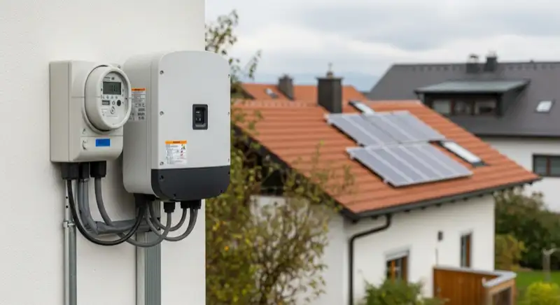 Modern German electrical meter cabinet (Zählerschrank) with smart meter and solar inverter connection, clean technical installation
