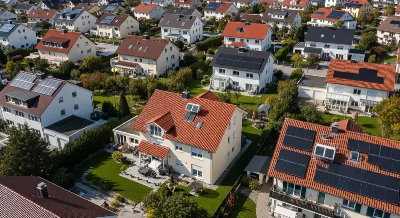 Aerial drone view of typical German residential neighborhood with mixed roof types, red and dark roof tiles, gardens visible, sunny day