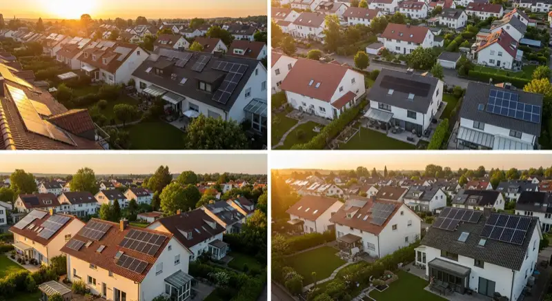 Aerial drone view of typical German residential neighborhood with mixed roof types, red and dark roof tiles, gardens visible, sunny day