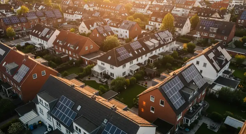 Aerial drone view of typical German residential neighborhood with mixed roof types, red and dark roof tiles, gardens visible, sunny day