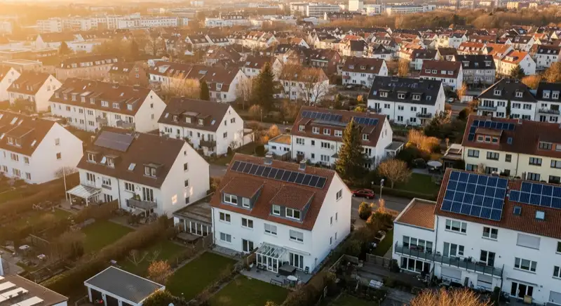 Aerial drone view of typical German residential neighborhood with mixed roof types, red and dark roof tiles, gardens visible, sunny day