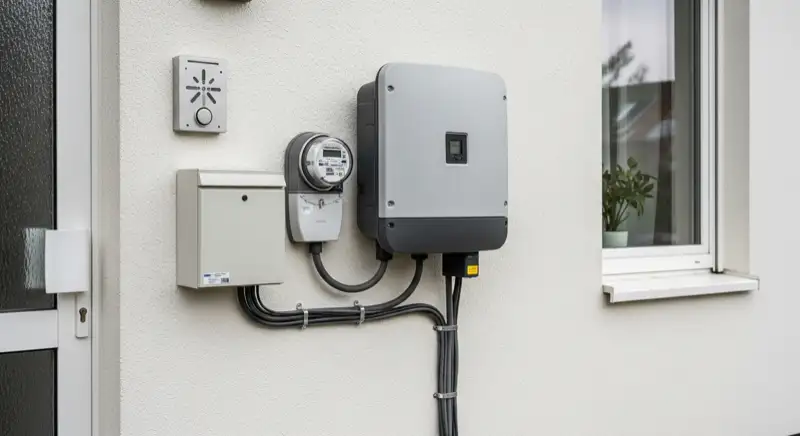 Modern German electrical meter cabinet (Zählerschrank) with smart meter and solar inverter connection, clean technical installation