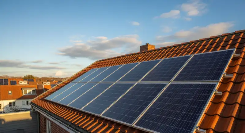 Close-up of photovoltaic solar panels installed on a traditional German Satteldach (gabled roof), blue sky with some clouds
