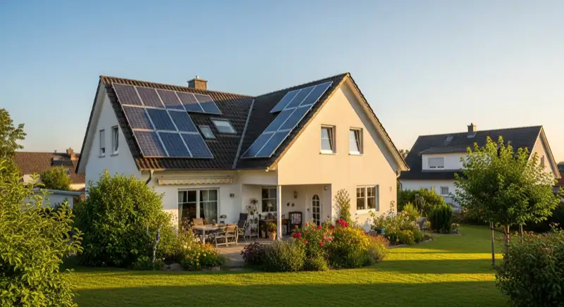 German detached house (Einfamilienhaus) with photovoltaic panels on pitched roof, well-maintained garden, warm afternoon sunlight