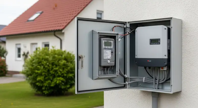Modern German electrical meter cabinet (Zählerschrank) with smart meter and solar inverter connection, clean technical installation