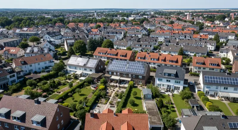 Aerial drone view of typical German residential neighborhood with mixed roof types, red and dark roof tiles, gardens visible, sunny day