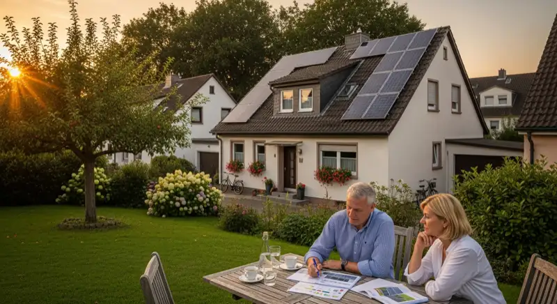 Facharbeiter bei der Montage von Solarmodulen auf einem Einfamilienhaus in Koblenz mit grüner Umgebung