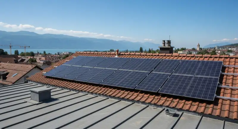 Installateure montieren Solarmodule auf einem Konstanzer Hausdach mit Blick auf den Bodensee
