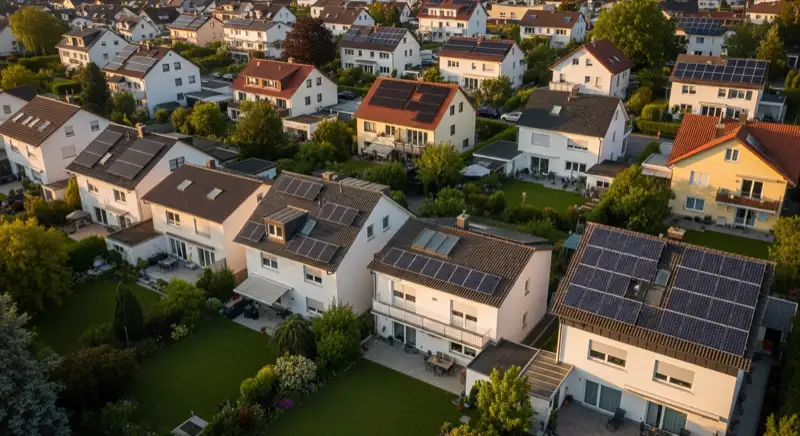 Aerial drone view of typical German residential neighborhood with mixed roof types, red and dark roof tiles, gardens visible, sunny day