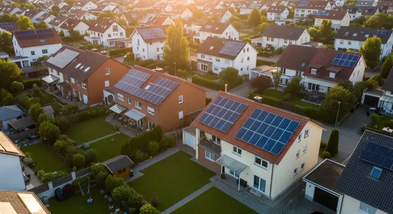 Aerial drone view of typical German residential neighborhood with mixed roof types, red and dark roof tiles, gardens visible, sunny day