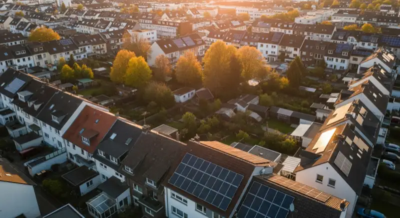 Aerial drone view of typical German residential neighborhood with mixed roof types, red and dark roof tiles, gardens visible, sunny day